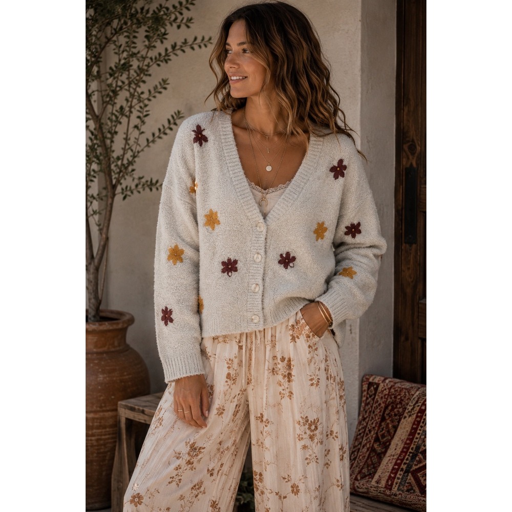 Hem & Thread Floral Embroidered Cozy Knit Cardigan Sweater Oatmeal Small NWT